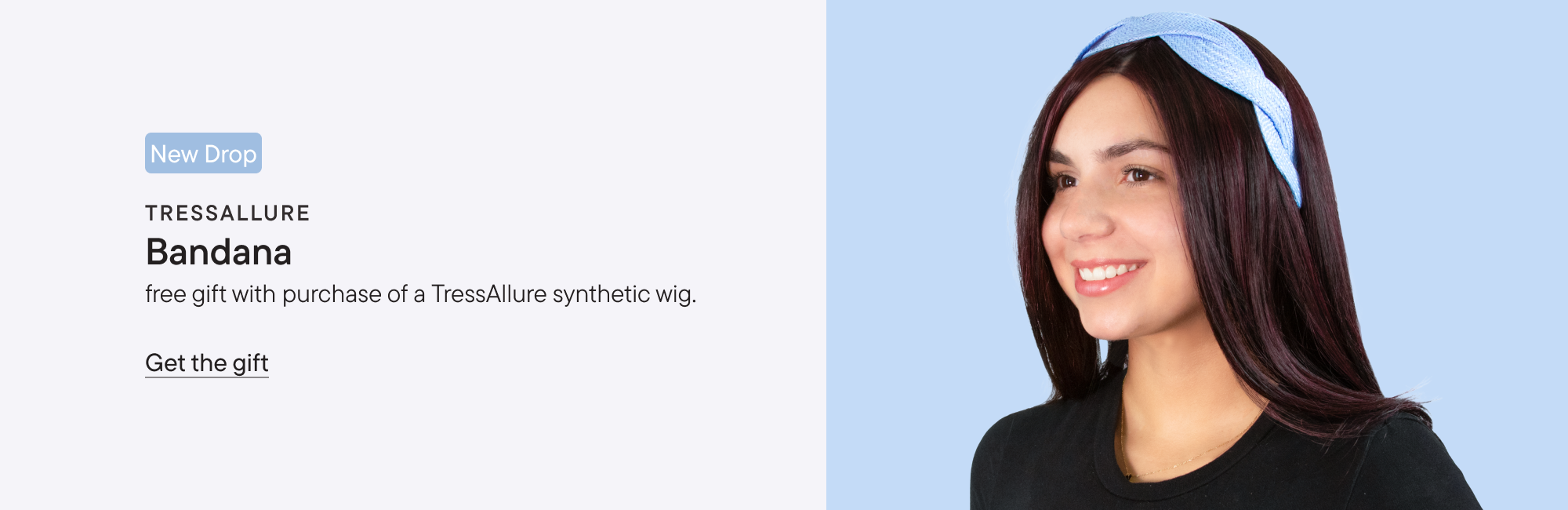 Woman wearing a TressAllure bandana with promotional text on a light blue background