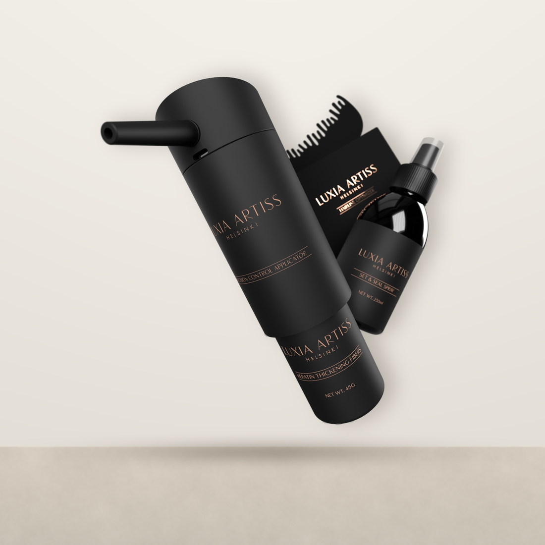 Luxia Artiss Precision Control Applicator on a Keratin Thickening Fibers bottle with the Hairline Optimizer and Set &amp; Seal Spray