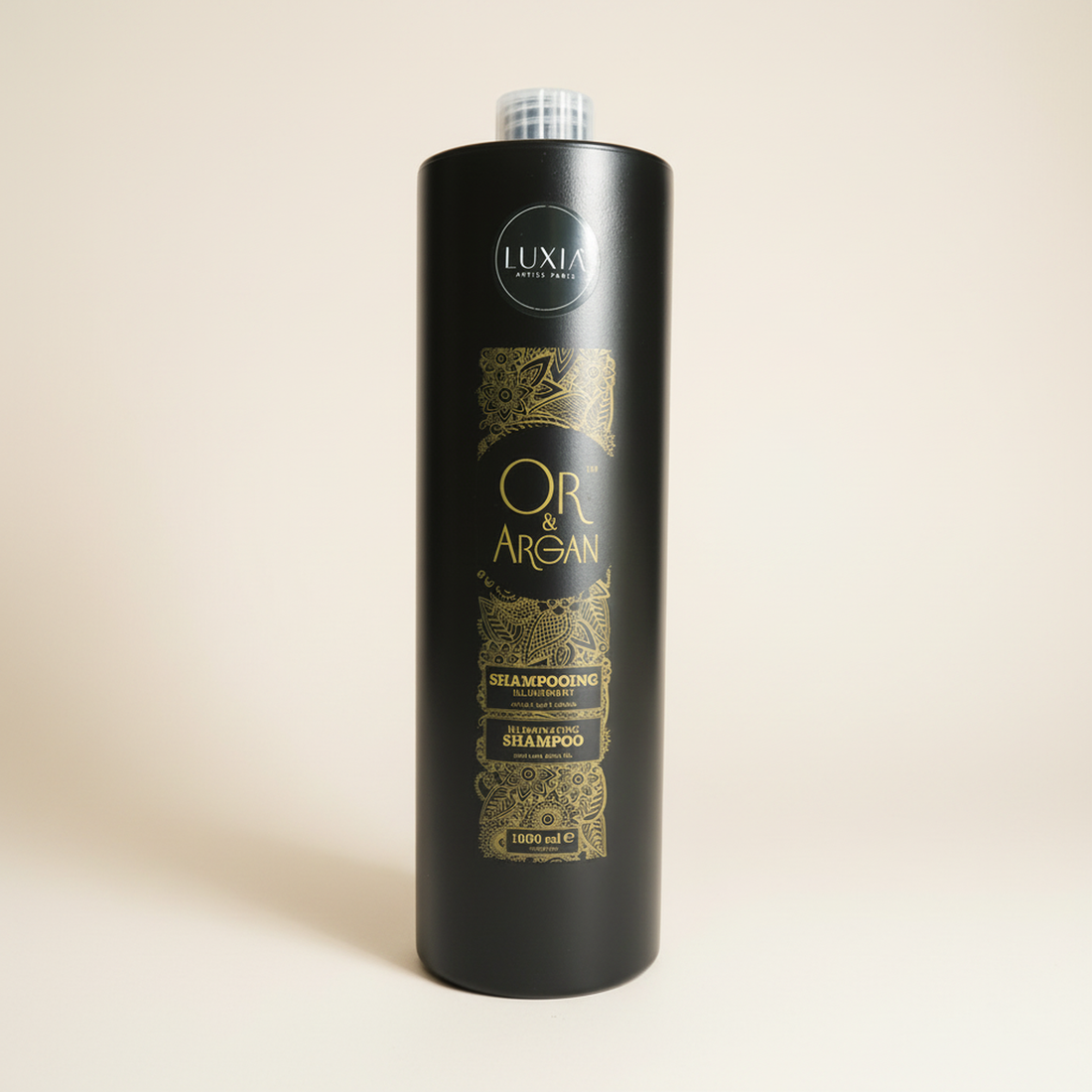 OR &amp; Argan Shampoo Illuminant 1000 ml bottle on a warm studio backdrop