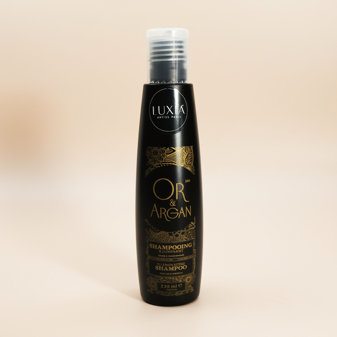 OR &amp; Argan Shampoo Illuminant 250 ml bottle on a warm studio backdrop