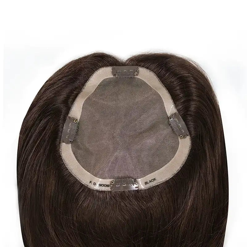 Vintage human hair topper, fine mono base with clips, close up