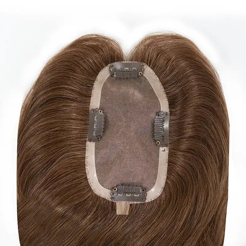 Voltage human hair topper, fine mono base with clips, close up